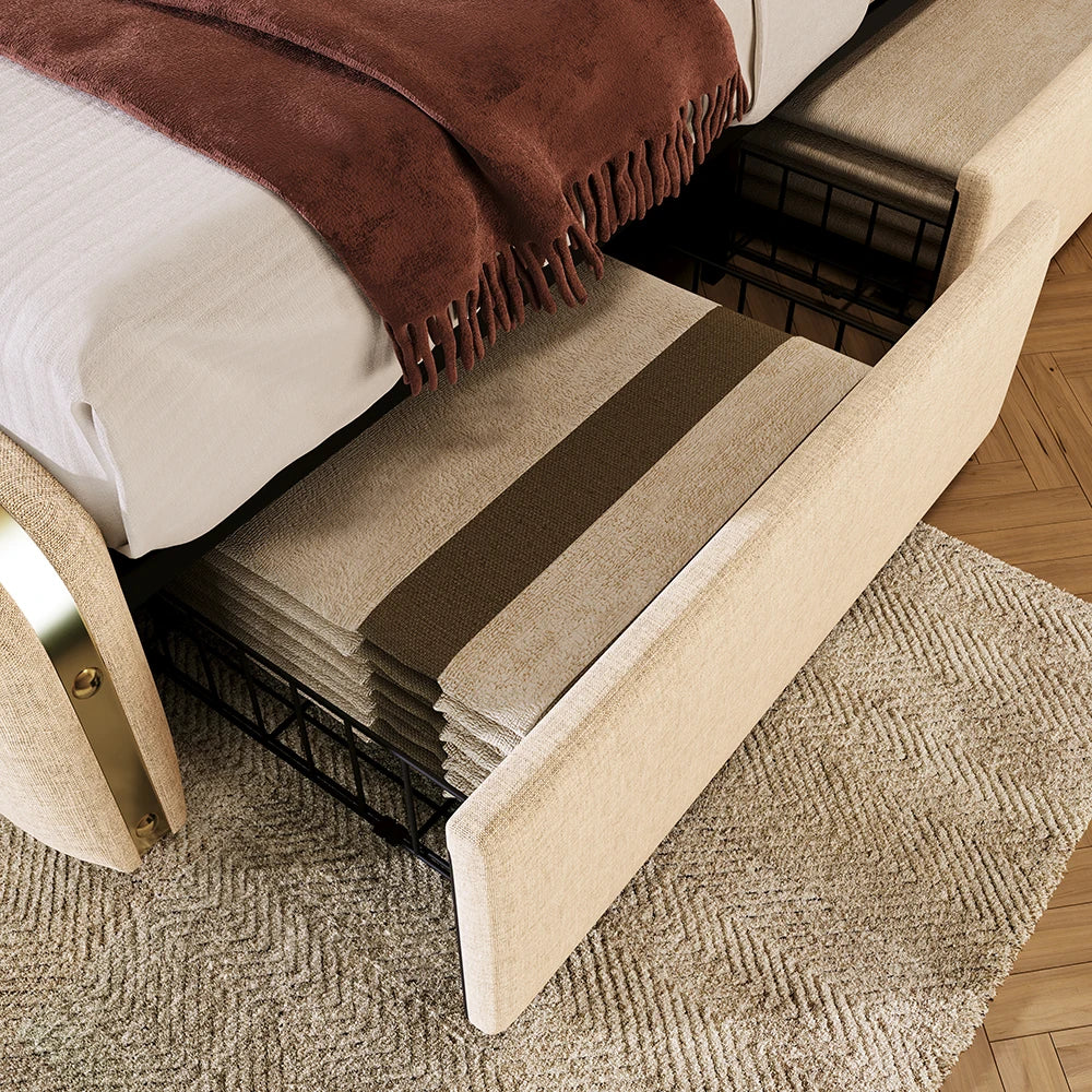 Tweepersoonsbed – Bed – Slaapbed – Boxspring – Bedframe – Beige Linnen – 180x200 cm – Geïntegreerde USB en Type-C Oplaadpunten – 4 Ruime Opberglades