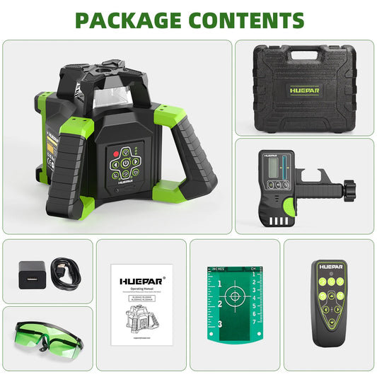 Huepar RL300HVG Electronic Green Rotary Laser Level + Plumb Points Self-Leveling Rotary Laser Set With Receiver & Remote Control