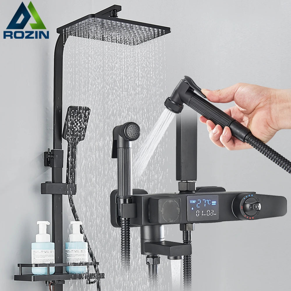 Douchekraan - Douchepaneel - Douche - Regendouches - 4-Wegs Regendoucheset met Display, Bidet & Plank - Digitale Thermostatische - Zwart
