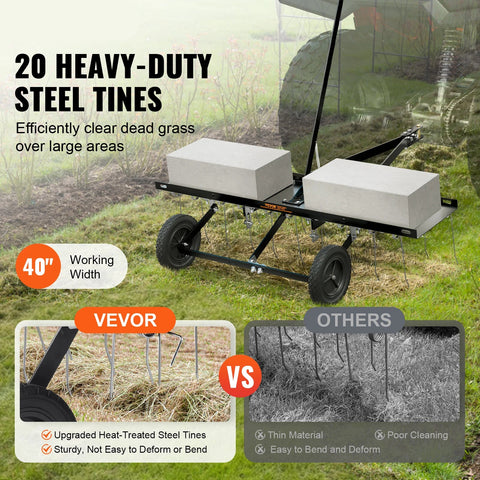 Scarifier Rake - Scarifier - Spreader - Tractor behind scarifier - 40in - with 20 Spring Steel Teeth - for ATV or mower tractor behind lawn
