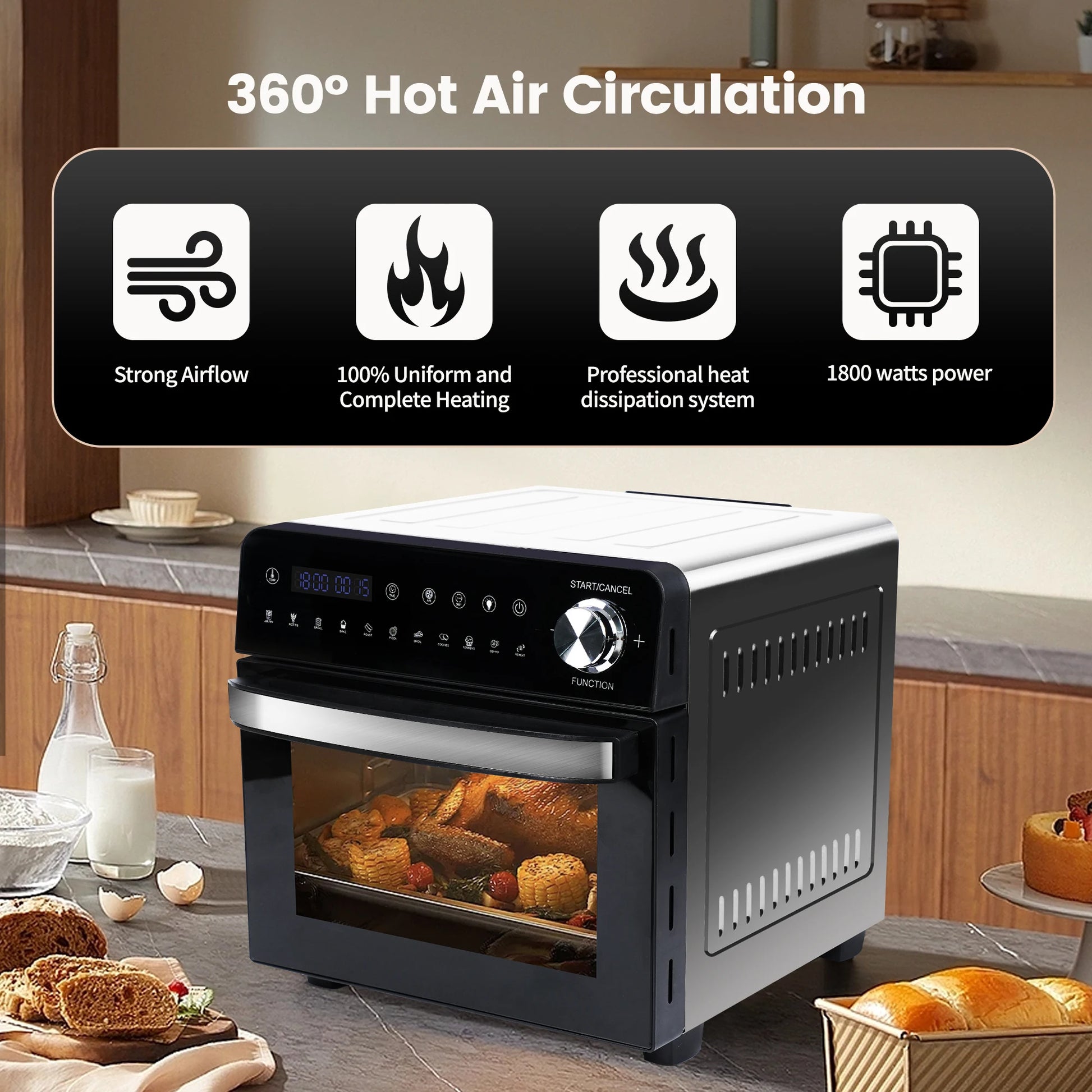 Heteluchtfriteuse - 14L – Mini Oven - 1800W - 240V - XXL - 11 Programma’s – LED Touchscreen - 14L capaciteit - Inclusief Rotisserie - en Accessoires - QUORE