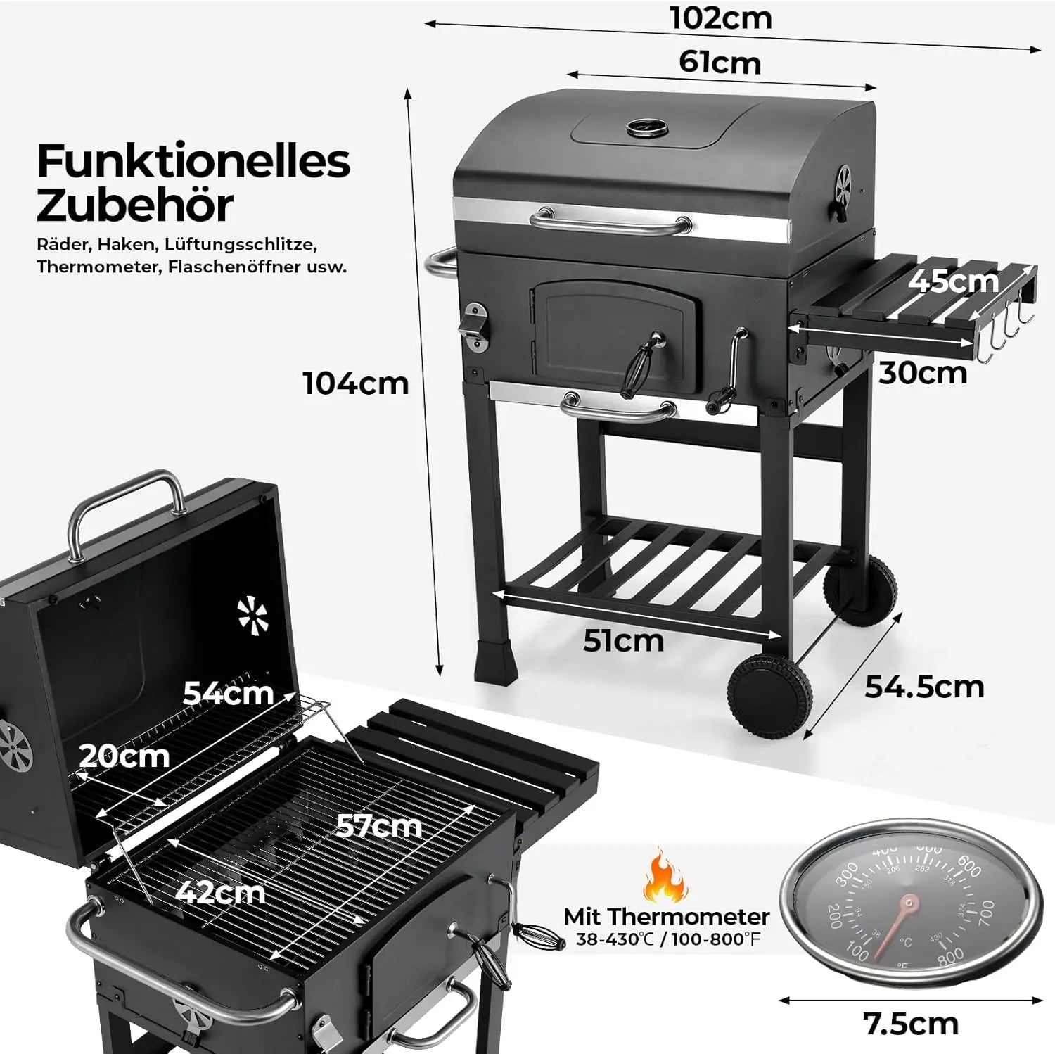 Charcoal Grill Cart with Lid,BBQ Smoker,Charcoal Grill Trolley with 2 Wheels,Standing Grill,for Camping,Garden - QUORE