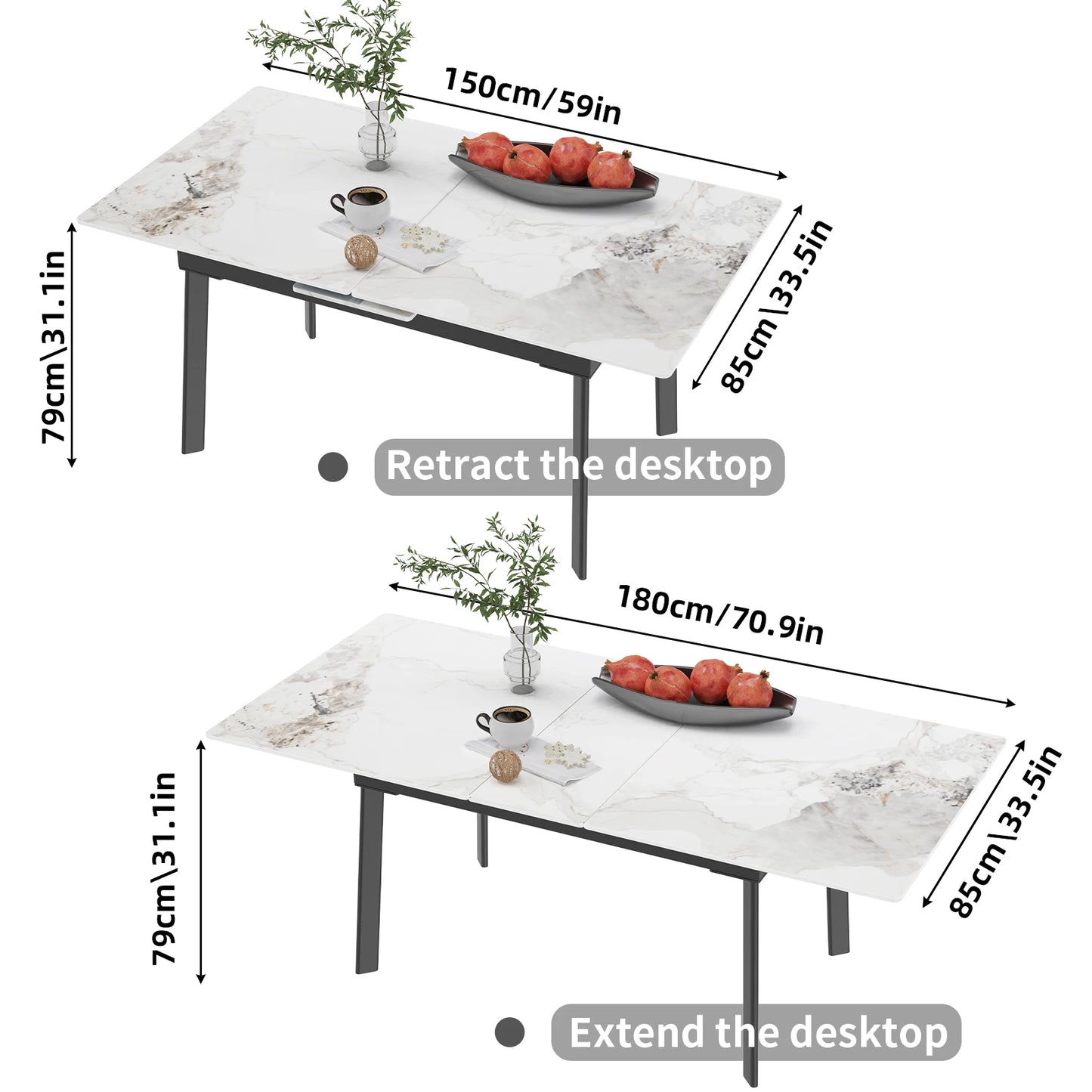 Uitschuiftafel – Eettafel – Uitbreidbare Tafel – Dinertafel – Keukentafel – Sintersteen Tafelblad – Metalen Onderstel – 180 cm – Voor 8-10 Personen