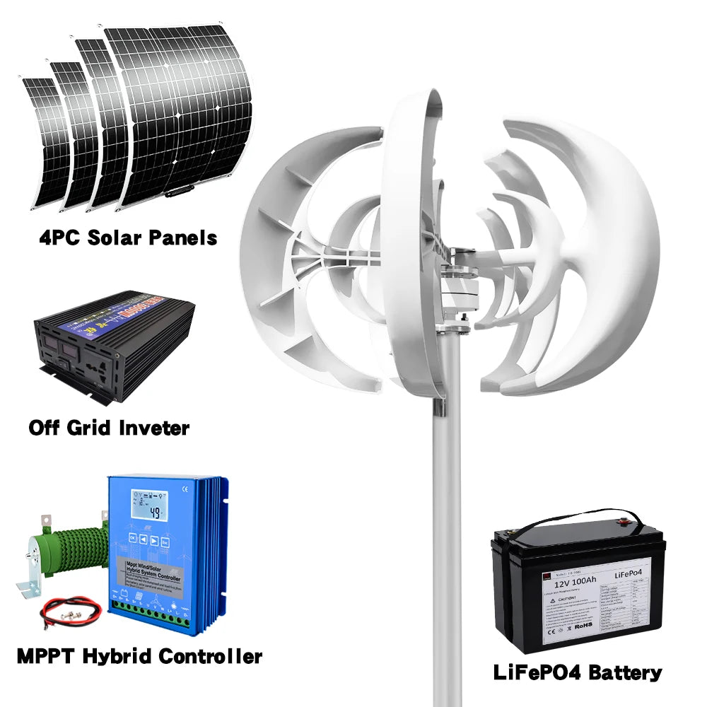 Windturbine – Verticale As Windmolen – Windenergie Generator – Duurzame Energie – Windmolen – 5000 Watt Vermogen – Weerbestendig IP54 - 12V - Met Batterijsysteem