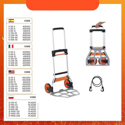 Opvouwbare Steekwagen – Transportkar met een Draagvermogen van 140 kg, Gemaakt van Aluminiumlegering en Kunststof – Stapelbare Trolley met Verstelbare Handgreep (900–1109 mm) – Inklapbare Trolley met Trekkoord – Compact Formaat voor Gemakkelijke Opslag - QUORE