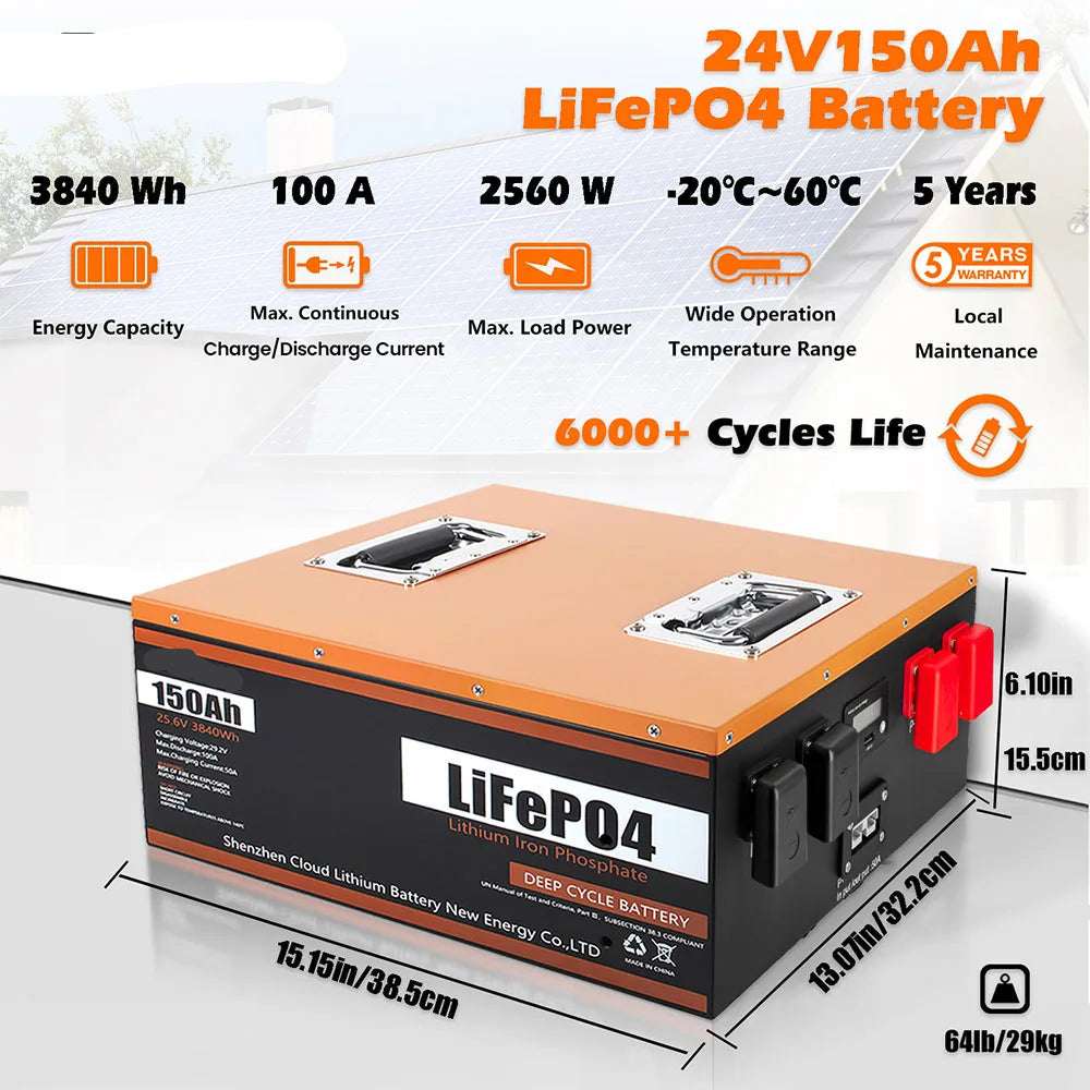 24V LiFePO4 Accu – Lithium Batterij – Solar Accu – Camper Accu – Elektrische Accu – 150Ah Capaciteit – IP67 Waterdicht