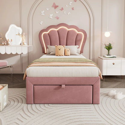Kinderbed – Eenpersoonsbed – Bed met Opbergruimte – Kinderbed Frame – Led Bed – 90x190 cm Roze – Verstelbare Hoofdsteun – RGB LED-verlichting Bediening via App