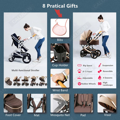 Kinderwagen - Buggy - Baby Kinderwagen 3 in 1 - Opvouwbare - Wandelwagen - Hoog Landschap Babywagen - voor Pasgeborenen - Zwart met Goud