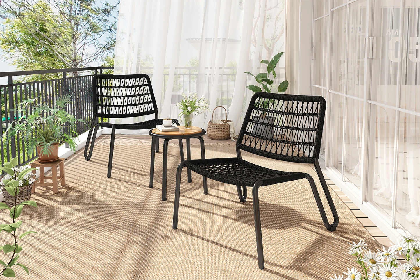 3-Delige Tuinset – Balkonset – Terrasmeubelen – Buitenmeubelset – Handgeweven Vlechtwerk – Acaciahouten Tafel
