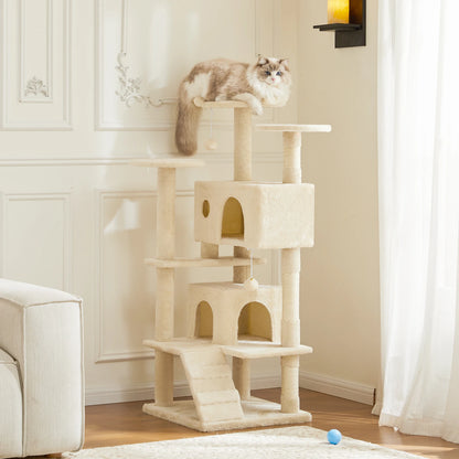 Krabpaal - voor Katten - Krabton - Hoge Kattenboom – 54inch - Multi-Level Krabpaal - Stabiele Kattenboom - Zacht en Knus - met Sisal en Huisjes - Beige