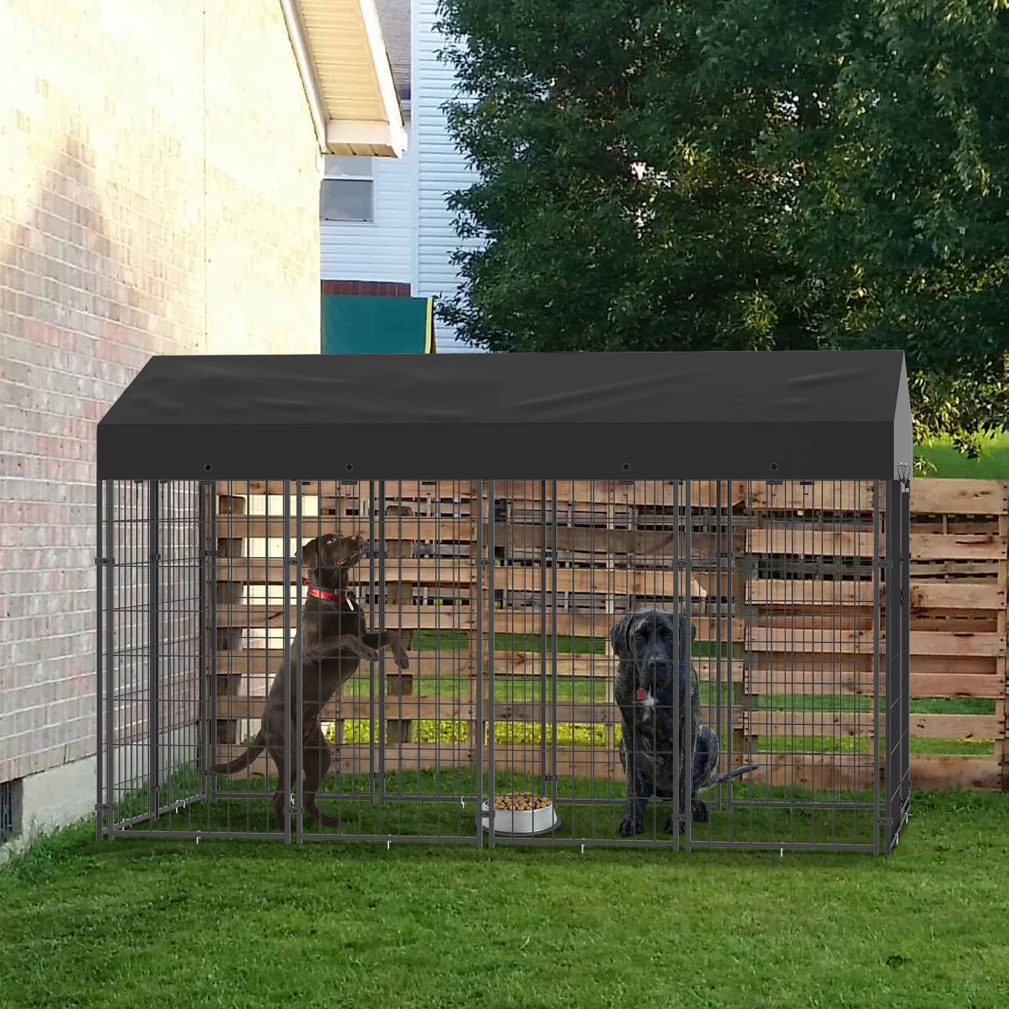 Grote Hondenren – Hondenkooi Buiten – Hondenbench Tuin – Hondenren Met Dak – Hondenhok Dicht – Robuust Gegalvaniseerd Stalen Frame – Weerbestendig Oxford Doek Overkapping - QUORE