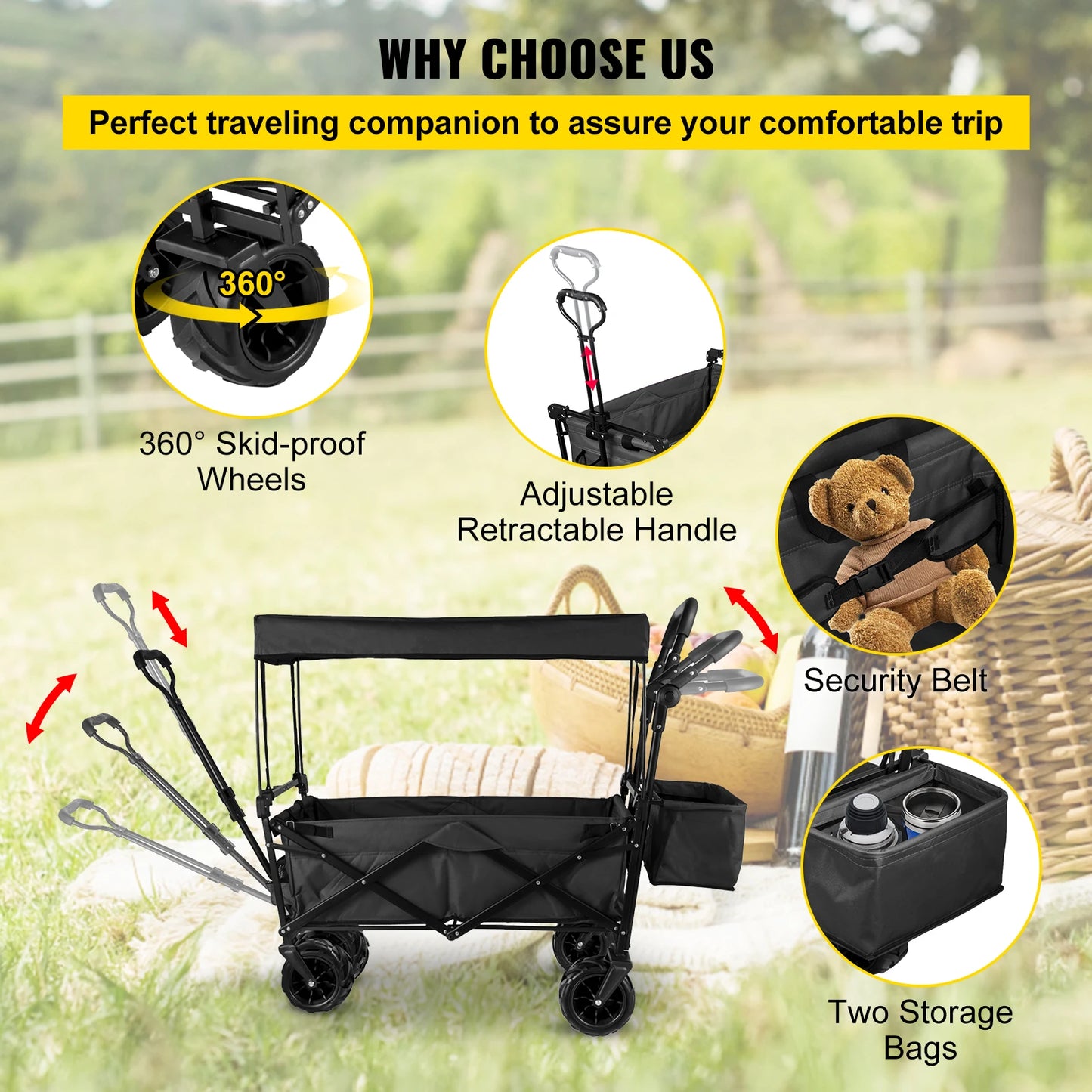 Tuinkar – Opvouwbare - met Dak - Boodschappen - Transport - Wagen - Strand - Bolder - All-Terrain Wielen - Zonbescherming - Heavy-duty - Draagbare - 100kg -  Donker Rood