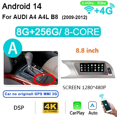 8.8'' Android 14 Autoradio – Multimedia Speler – 2-DIN Navigatie – Carplay Radio – 4G LTE Connectiviteit – 8GB RAM – 256GB Opslag