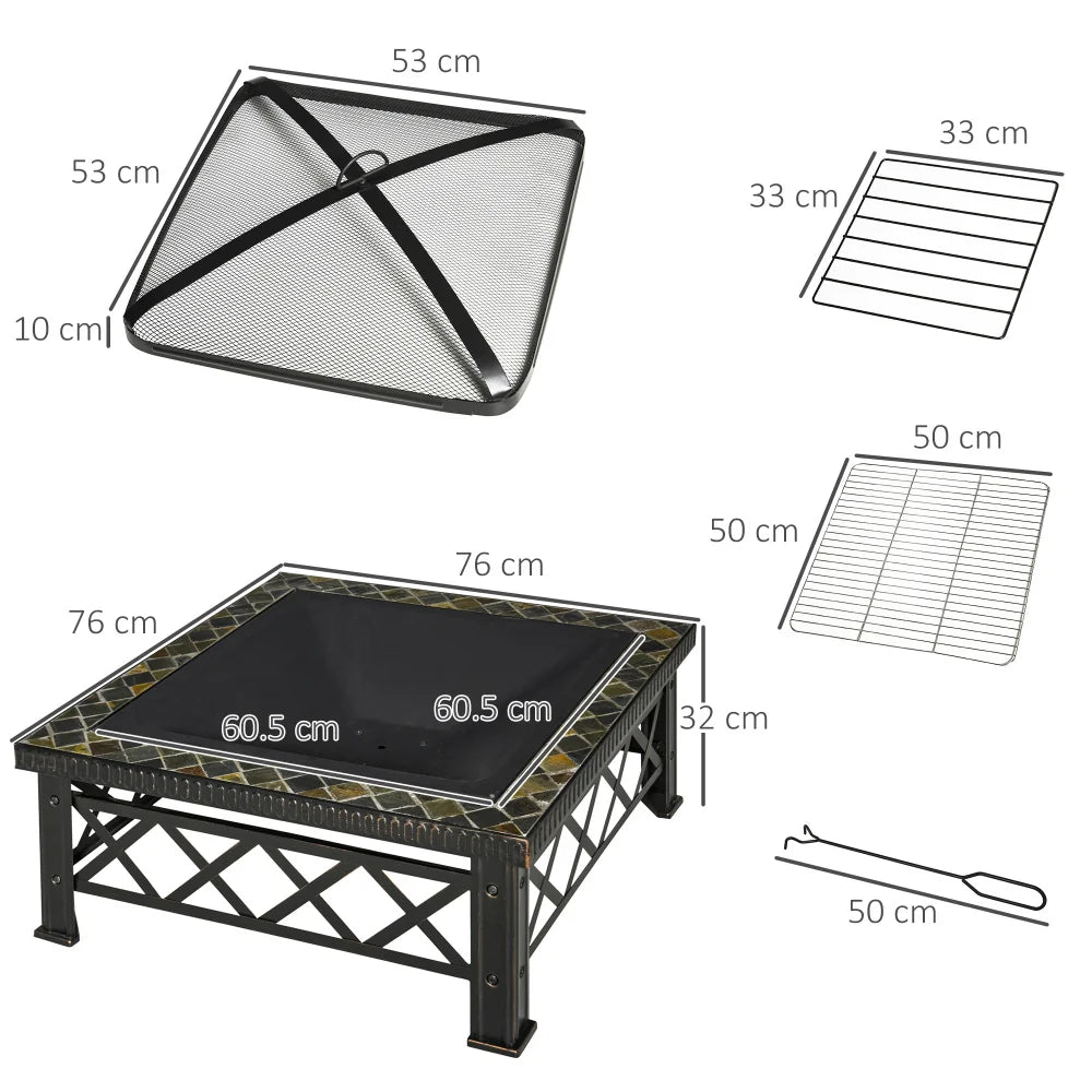 3-in-1 Haardkam - Vuurschaal – Buitenhaard – BBQ – Vuurkorf – Grillrooster – Stalen Constructie – Hitzebestendig - 76x76x47 cm