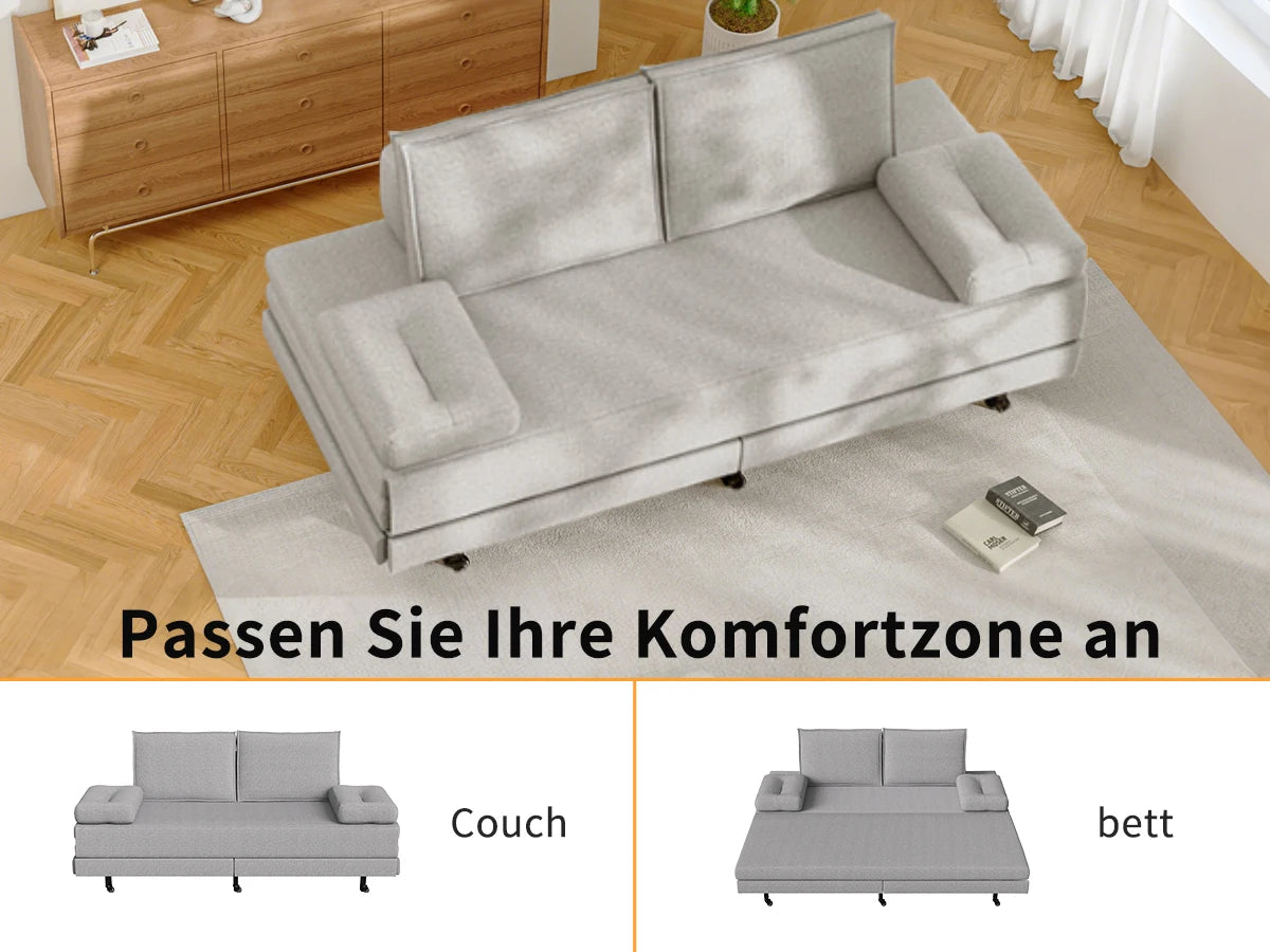 2-Zits Slaapbank – Slaapsofa – Bedbank – Sleeperbank – Bankbed – Grijs Linnen – Uittrekbaar 180x200 cm – Met Houten Lattenbodem & Wieltjes