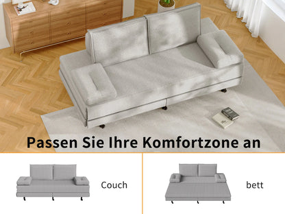2-Zits Slaapbank – Slaapsofa – Bedbank – Sleeperbank – Bankbed – Grijs Linnen – Uittrekbaar 180x200 cm – Met Houten Lattenbodem & Wieltjes