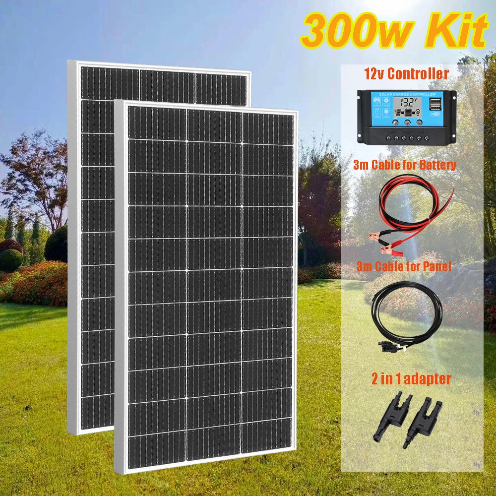 Zonnepaneel - Zonnepanelen - Monokristallijne Solar Kit - Waterdicht - met Glas - en Aluminium Frame - Lichtgewicht - 12V - 300W - 2stuk - voor Boot - Camper - Caravan - RV of Tuin