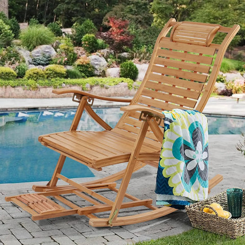 Schommelstoel - Rocking chair voor Volwassenen - Vouwbare - Indoor & Outdoor Bamboo Rocking Chair- Met Armleuningen -  Voetmassager- Voetsteun– Draagbare Deck Lounger - 96x40cm - Houten Kleur