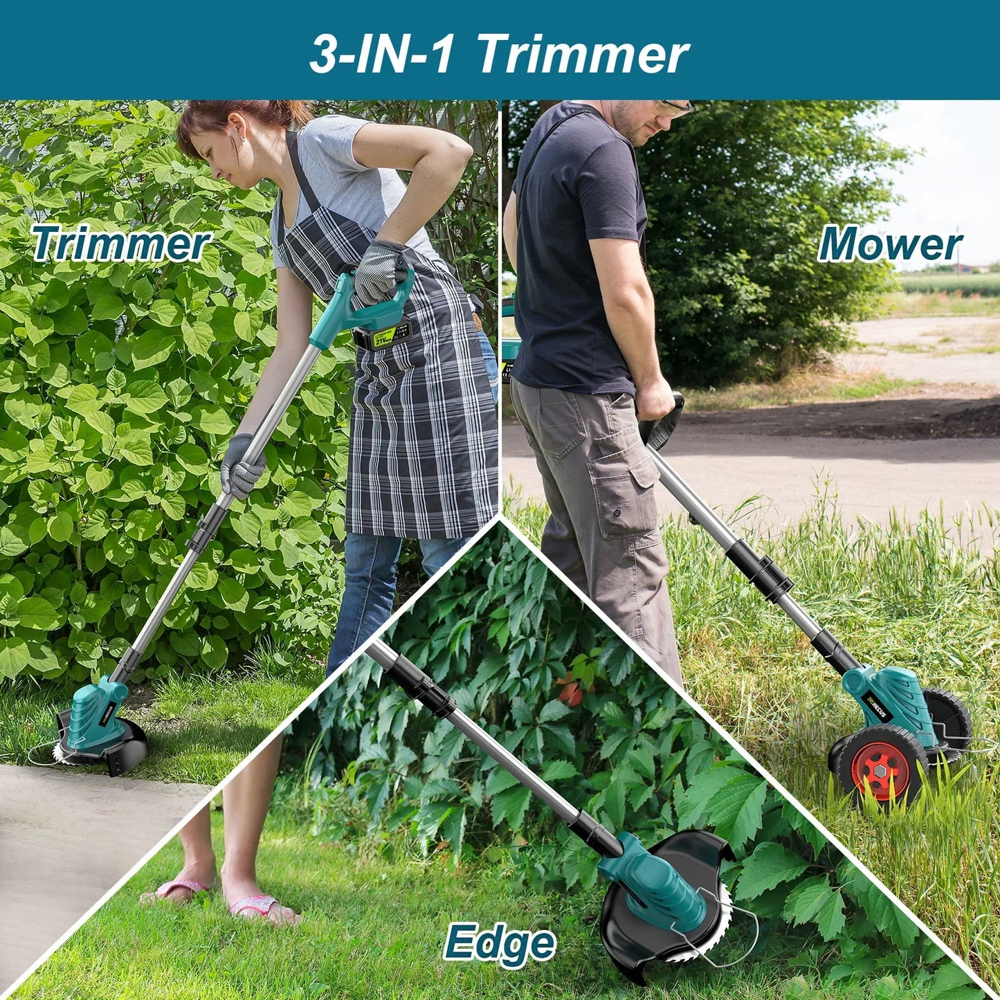 Grasmaaier - Grastrimmer - Tuingereedschap - Handcultivator - Elektrische - 9 Inch - Inklapbare - Draadloze - Brushless - Tuinsnijder met Verstelbare Lengte – Geschikt voor 18V Accu – Inclusief 2 Accu - 3 -in-1 Kantenmaaier
