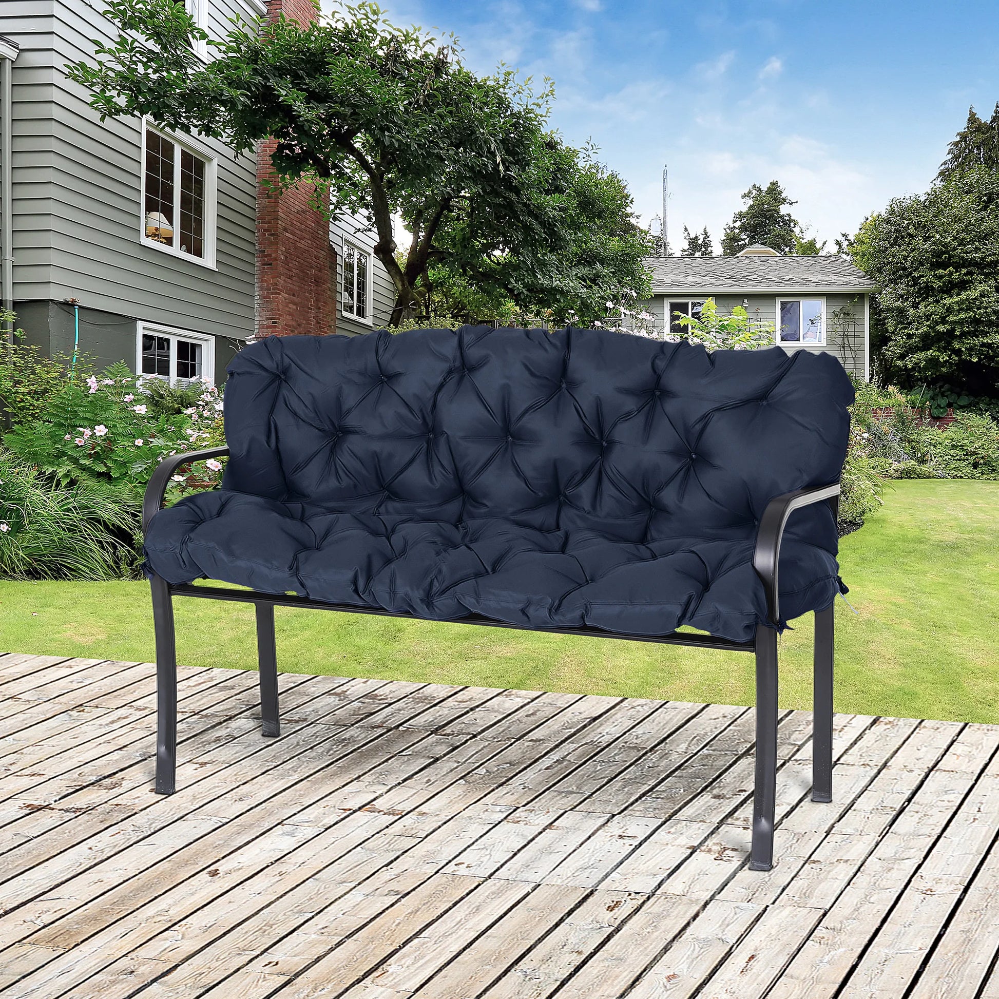 Tuin Bank - Tuinbank Hout - Tuinbanken - Garden Furniture - 3-Zits Tuinbank Kussen met Rugleuning (150x98x8 cm) - Blauw - QUORE