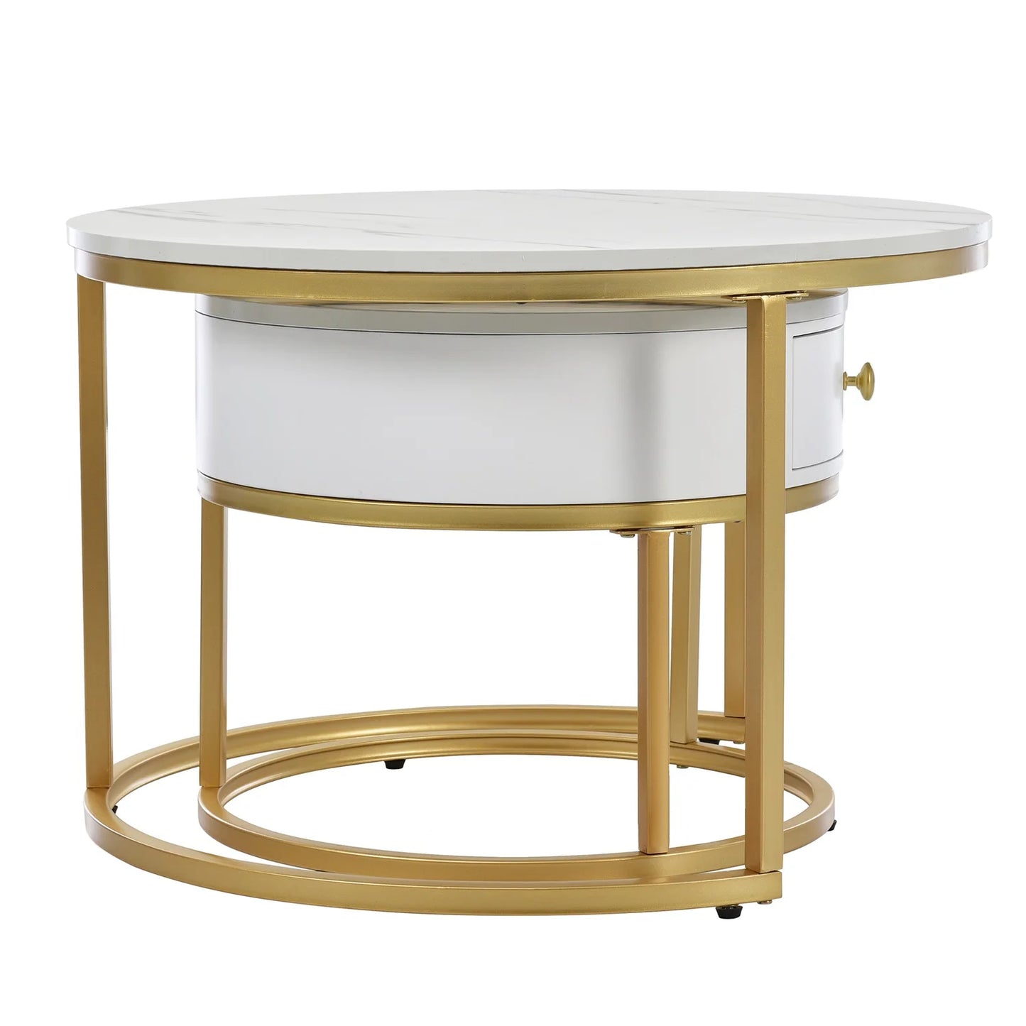 Nesting Salontafel – Salontafel Set – Bijzettafel – Nachtkastje – Woonkamertafel – Wit Hoogglans Marmerpatroon – Ruimtebesparend Design – Metalen Goud Frame
