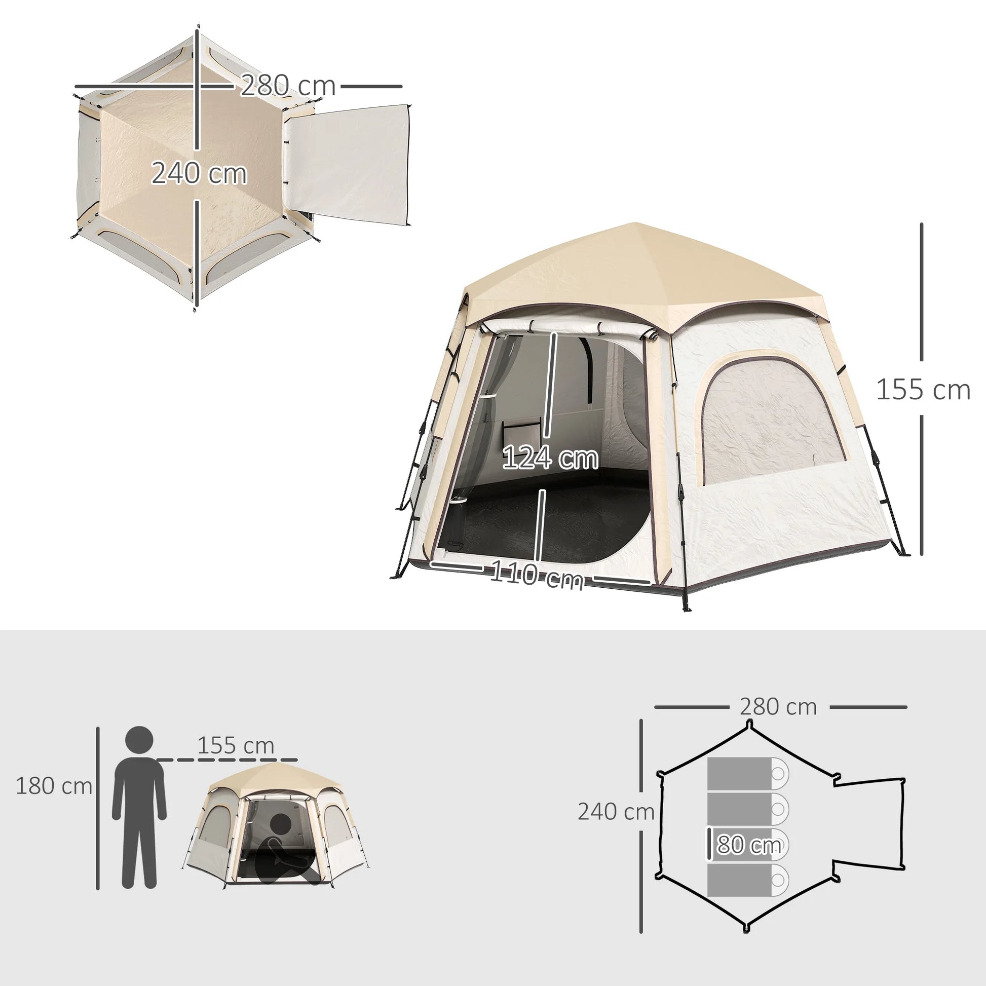 Koepeltent – Buitentent – Kampeertent – Tent Voor 3-4 Personen – Water- En Uv-Bestendig Polyester – Lichtgewicht En Compact - Wit en Beige - QUORE