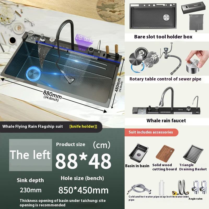 Stainless Steel Kitchen Sink With Waterfall Single Bowl Digital Display Extra Large Slot Multifunctional Washing Sinks