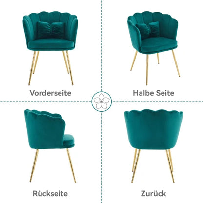 Eetkamerstoelen – Set van 2 - Velours Stoel – Lounge Stoel – Fluwelen Fauteuil – Design Fauteuil – Bloembladdesign – Ergonomisch Zitcomfort – Vergulde Metalen Poten - Blauwgroen