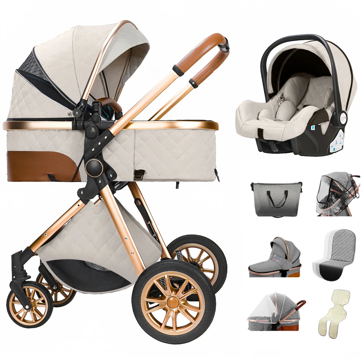 3-In-1 Kinderwagen – Reiswieg – Autostoeltje – Wandelwagen – Compact Opvouwbaar – Roestvrij Staal Frame – Geschikt Vanaf Geboorte - Beige