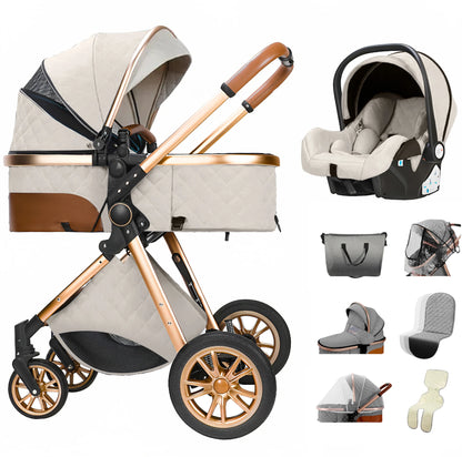 3-In-1 Kinderwagen – Reiswieg – Autostoeltje – Wandelwagen – Compact Opvouwbaar – Roestvrij Staal Frame – Geschikt Vanaf Geboorte - Beige