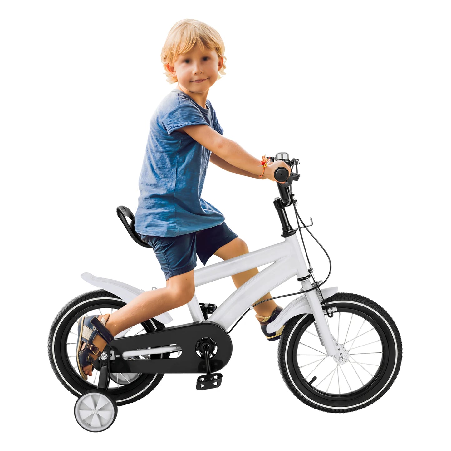Kinderfiets - Kinderfiets met Zijwielen - 14inch - Stoere Fiets voor Kinderen 2-4 Jaar – Verstelbaar Zadel en Stuur – Met Opbergbak en Mand - Perfect voor Leren Fietsen -  Verstelbare Hoogte, Carbon Staal & Zijwieltjes - Wit