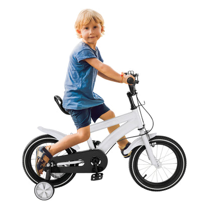 Kinderfiets - Kinderfiets met Zijwielen - 14inch - Stoere Fiets voor Kinderen 2-4 Jaar – Verstelbaar Zadel en Stuur – Met Opbergbak en Mand - Perfect voor Leren Fietsen -  Verstelbare Hoogte, Carbon Staal & Zijwieltjes - Wit