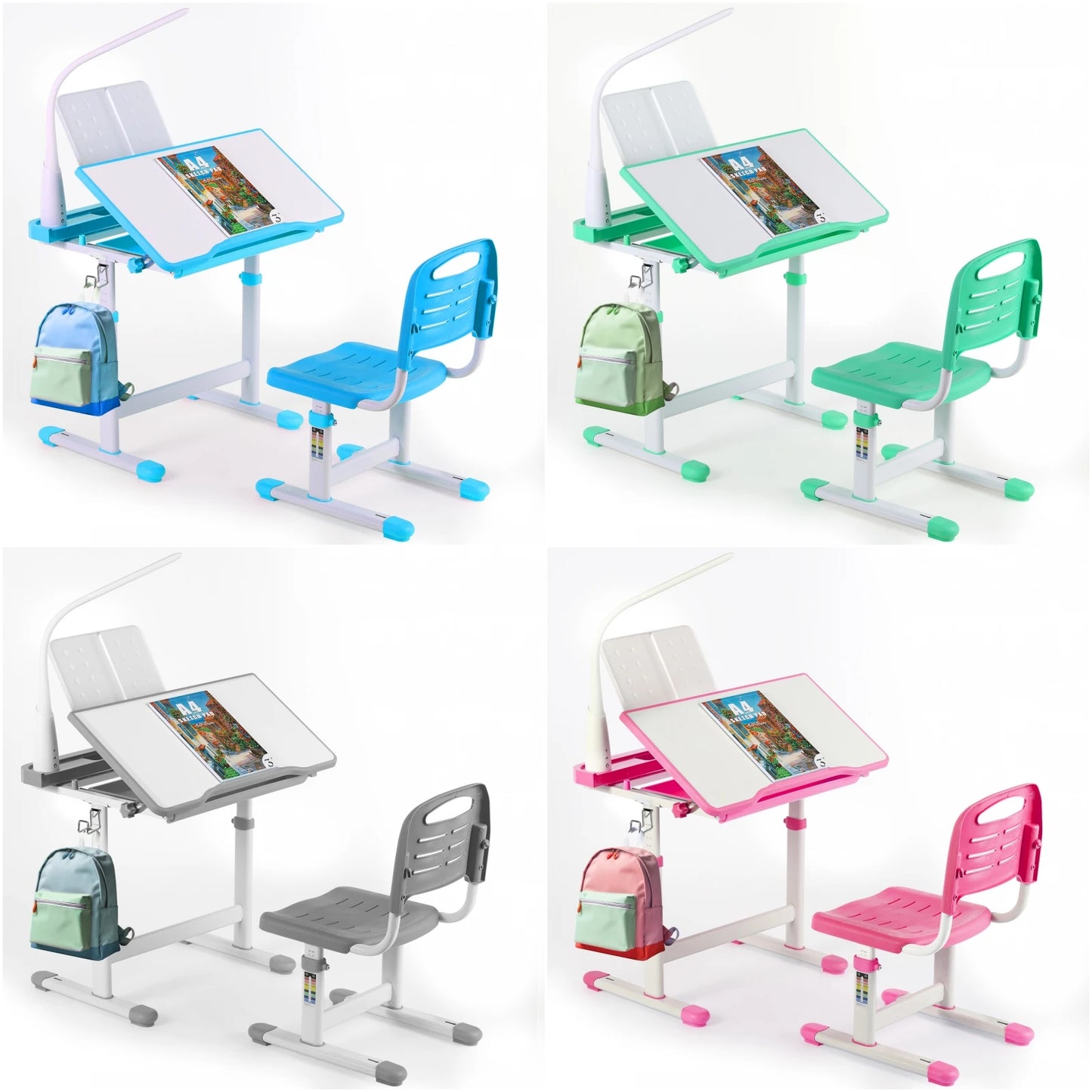 Kinderbureau – Kinderbureau Met Stoel – Kinderstudietafel – Kindertafel – Kinderbureau Met LED Bureaulamp – Verstelbare Hoogte 54-76,5 cm – Kantelbaar Tafelblad Tot 50° - QUORE