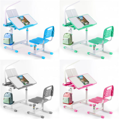 Kinderbureau – Kinderbureau Met Stoel – Kinderstudietafel – Kindertafel – Kinderbureau Met LED Bureaulamp – Verstelbare Hoogte 54-76,5 cm – Kantelbaar Tafelblad Tot 50° - QUORE