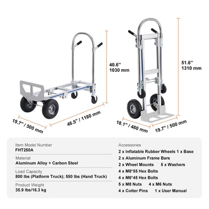 2-in-1 Aluminium Opvouwbare Steekwagen – Draagvermogen 800lbs (365 kg) – Zware Inklapbare Transportkar voor Vervoer en Magazijngebruik