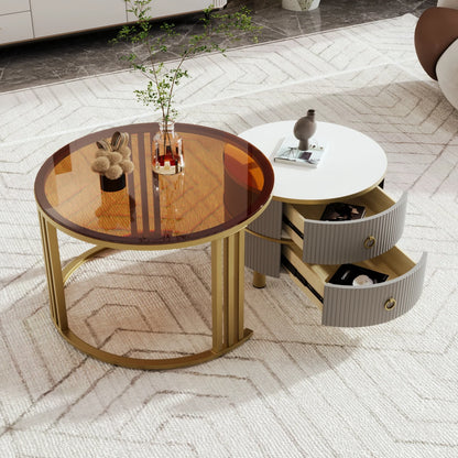 Salontafel – Bijzettafel – Woonkamertafel – Koffietafel – 2-in-1 Rond Model – Hoogglans Wit en Bruin Glas – 2 Lade Opbergruimtes – MDF & Gehard Glas - QUORE
