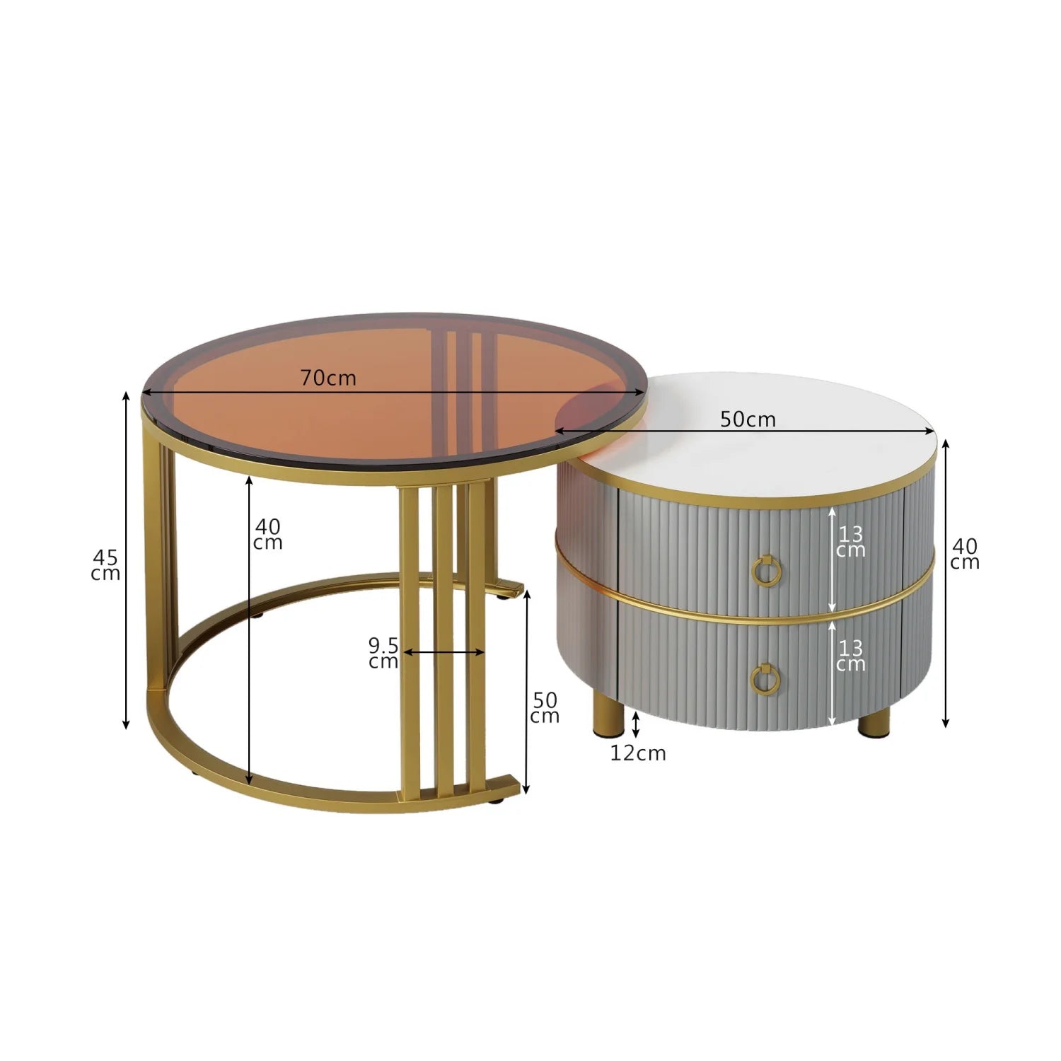 Salontafel – Bijzettafel – Woonkamertafel – Koffietafel – 2-in-1 Rond Model – Hoogglans Wit en Bruin Glas – 2 Lade Opbergruimtes – MDF & Gehard Glas - QUORE