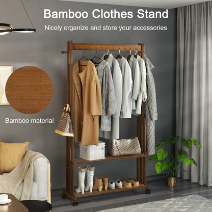 Bamboe Kledingrek - Kledingstandaard - Met-Wielen-Plank-Coatstand - Schoenenrek - Hout - Walnootkleur