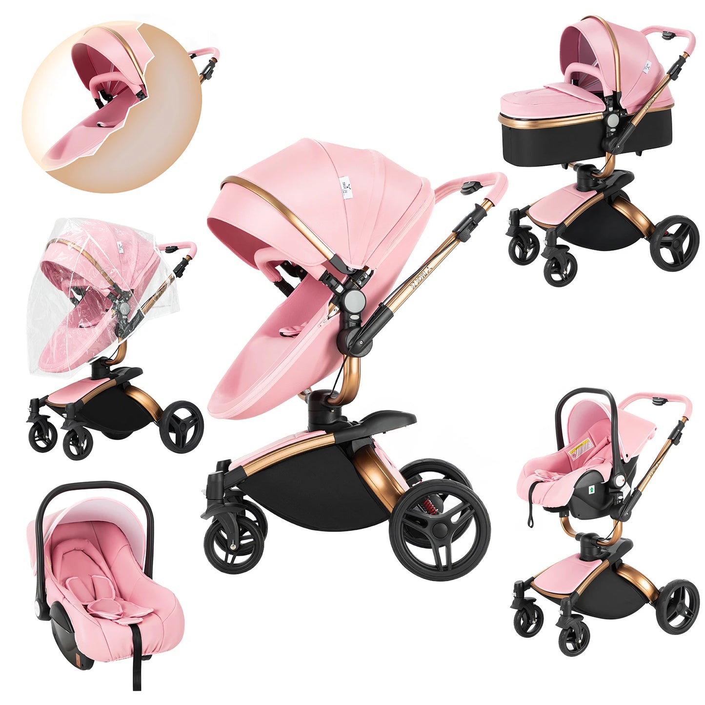 360° Baby Stroller 3 IN 1 Car Seat Stroller Combo Travel System Strollers High Landscape Leather Large Storage Stroller Infant