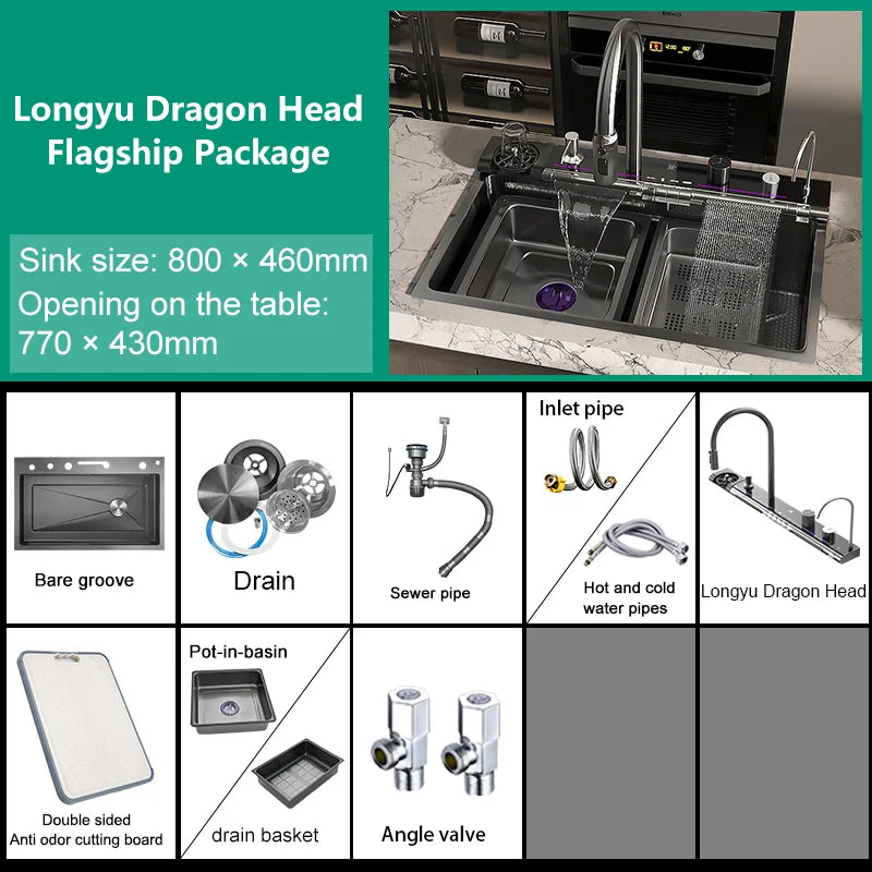 Stainless Steel Kitchen Sink With Waterfall Single Bowl Digital Display Extra Large Slot Multifunctional Washing Sinks
