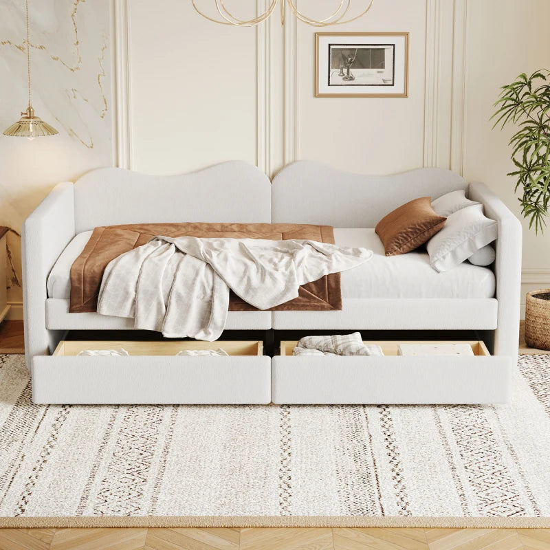 Kinderbed - Slaapbank met 2-laden - Teddybeerbedframe - Multifunctioneel Zacht -  Bed Met Rugleuning en Armleuningen -  90*200 cm -Wi t- (Ween matras)