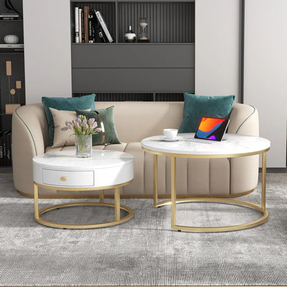 Nesting Salontafel – Salontafel Set – Bijzettafel – Nachtkastje – Woonkamertafel – Wit Hoogglans Marmerpatroon – Ruimtebesparend Design – Metalen Goud Frame