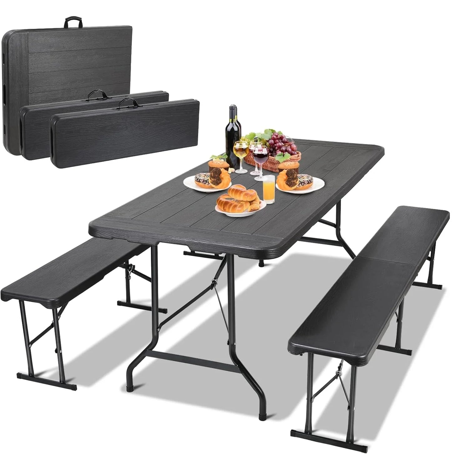 Inklapbare Tafelset – Inklapbare Tafel Met Banken – Opvouwbare Tafel – Picknicktafel – Campingtafel – Weerbestendig Stalen Frame – Compact Op Te Bergen - QUORE