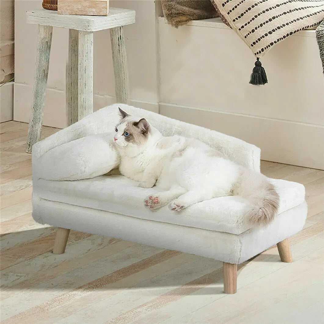 Hondenbed - Hondenbench - Hondensofa - Hondenmand - Verhoogd - met Houten Poten - Middelgrote L-vormige Honden- of Kattenbank met Zachte Kussen & Pluche Bekleding