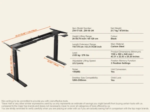 Elektrisch Zit-Sta Bureauframe - Verstelbaar Bureau Onderstel - Staand Bureauframe - Bureauonderstel - Hoogte Verstelbaar - 64-129cm - met Geheugenfunctie - voor Buro - Bureau Poten - Bureautafel - Burotafel - Zwart - QUORE