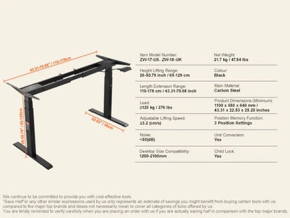 Elektrisch Zit-Sta Bureauframe - Verstelbaar Bureau Onderstel - Staand Bureauframe - Bureauonderstel - Hoogte Verstelbaar - 64-129cm - met Geheugenfunctie - voor Buro - Bureau Poten - Bureautafel - Burotafel - Zwart - QUORE