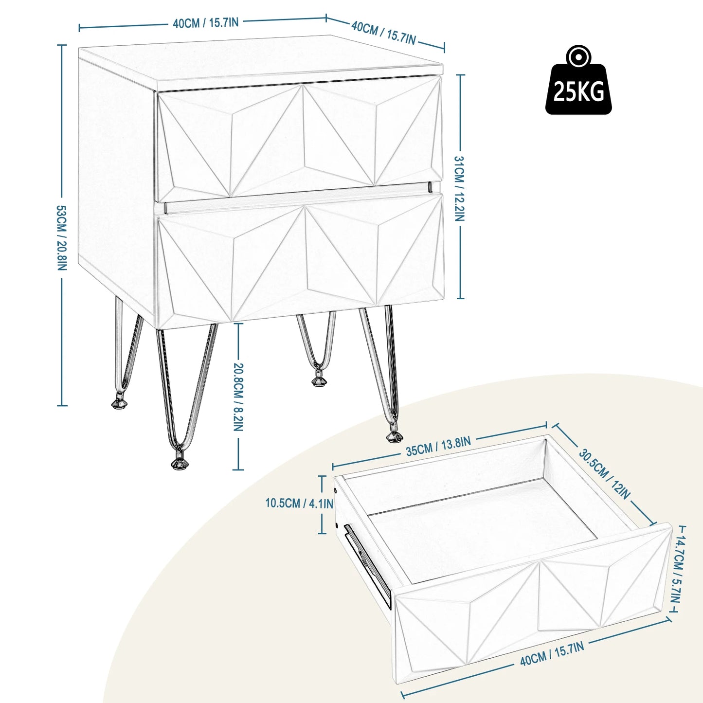 Nachtkastje met Geometrisch Design – Moderne Bedkast met 2 Lades en 3D-Effect – Witte & Gouden Afwerking – Compacte Ladekast 40x53x40 cm – Stijlvol voor Slaapkamer - QUORE