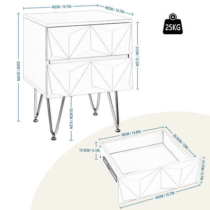 Nachtkastje met Geometrisch Design – Moderne Bedkast met 2 Lades en 3D-Effect – Witte & Gouden Afwerking – Compacte Ladekast 40x53x40 cm – Stijlvol voor Slaapkamer - QUORE
