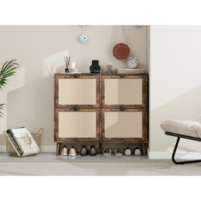 Schoenenrek – Vierdeurs Schoenenkast – Schoenenopberger – Schoenenmeubel – Ruimte Voor 16 Paar Schoenen – Engineered Rattan Afwerking - 105 x 24 x 91 cm
