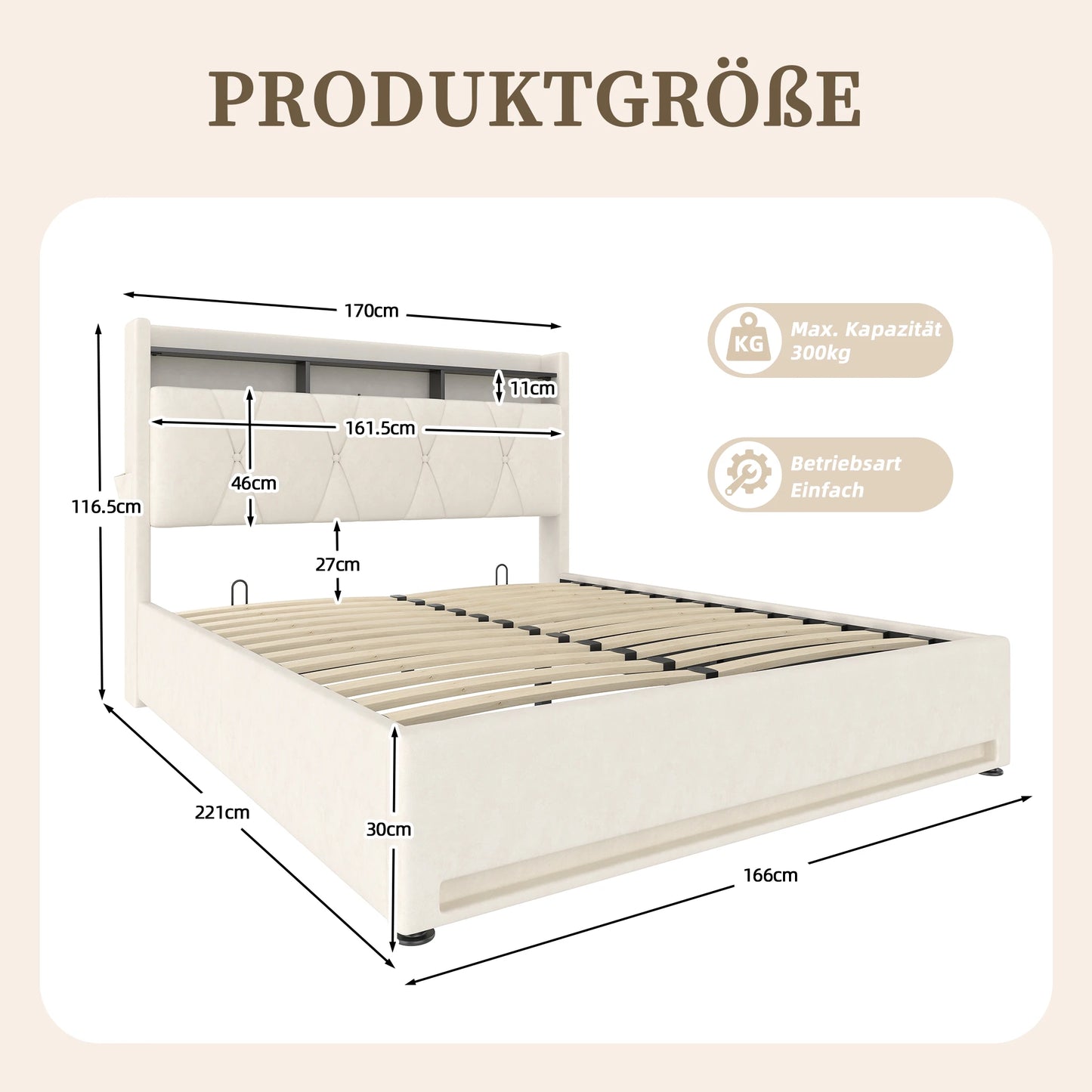 Bedframe 160x200 cm – Fluwelen Bed – Slaapkamerbed – Opbergbed – LED Bedframe – Ivoor – Verstelbaar Hoofdeinde Met LED – Extra Opbergruimte Met USB-Aansluiting